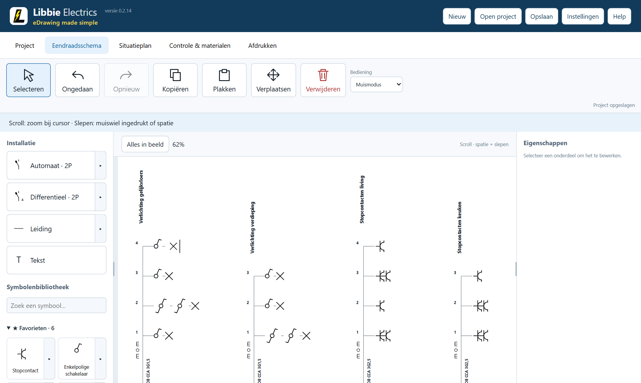 Libbie avec un schéma unifilaire : circuits d’éclairage et de prises